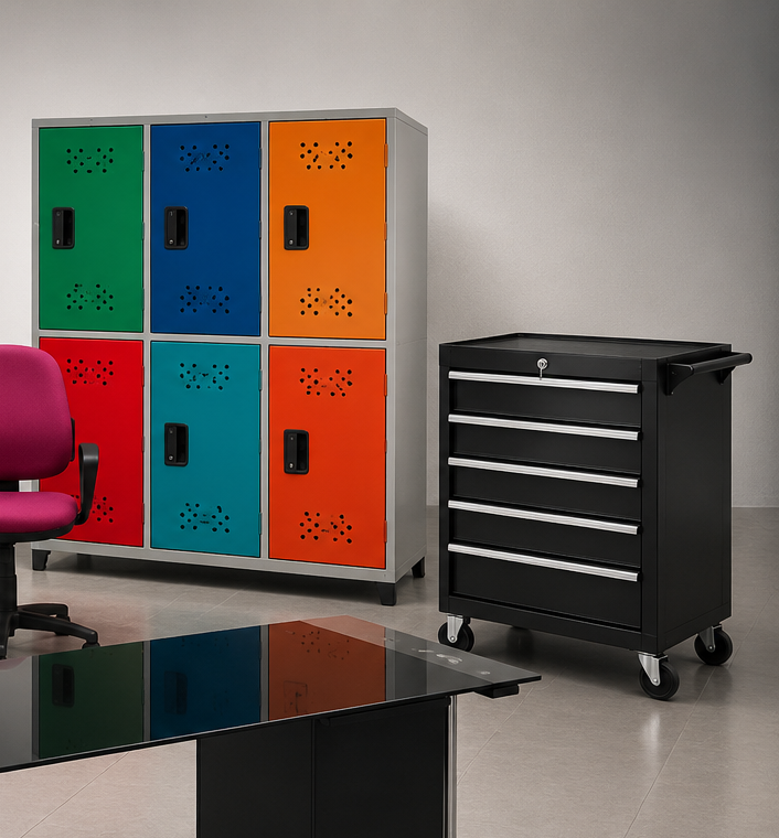 Oficina equipada por Muebles MTL con lockers, carro portaherramientas y escritorio